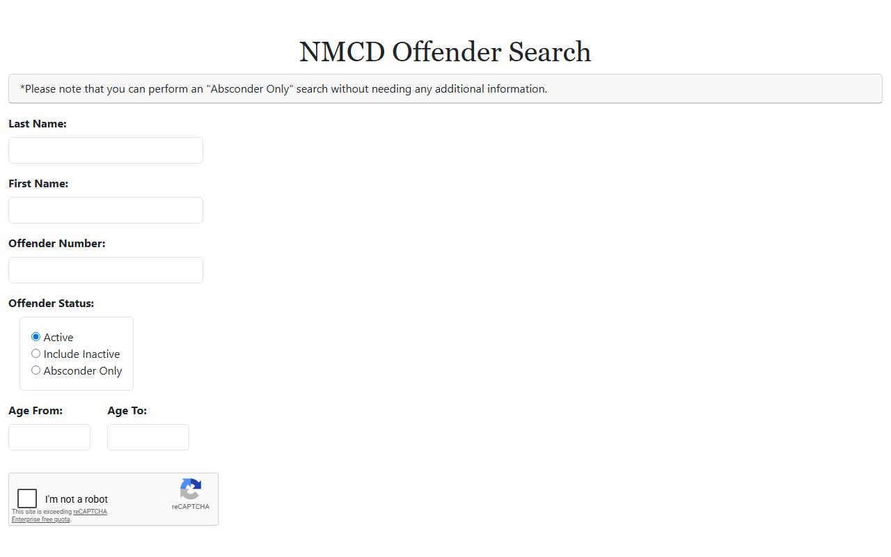 NMCD offender search form with name offender number status and age fields