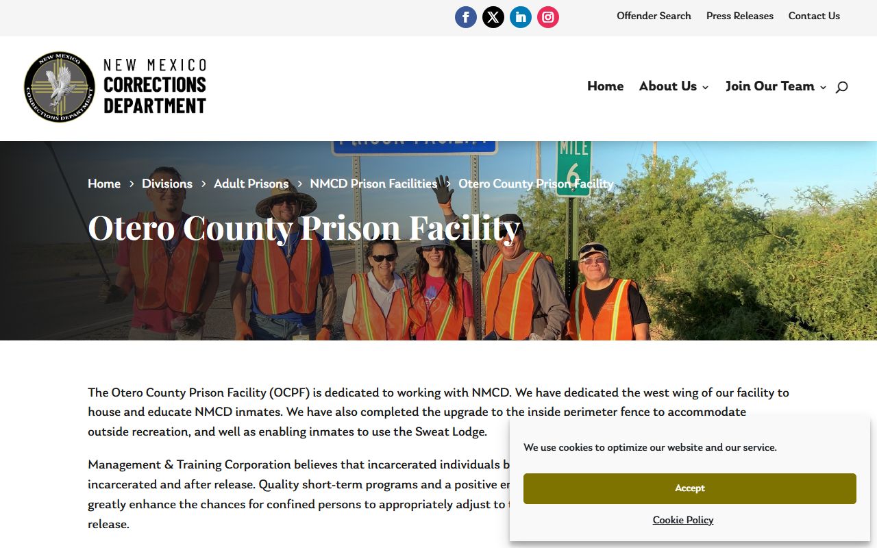 NMCD Otero County Prison Facility page with security levels and contact details