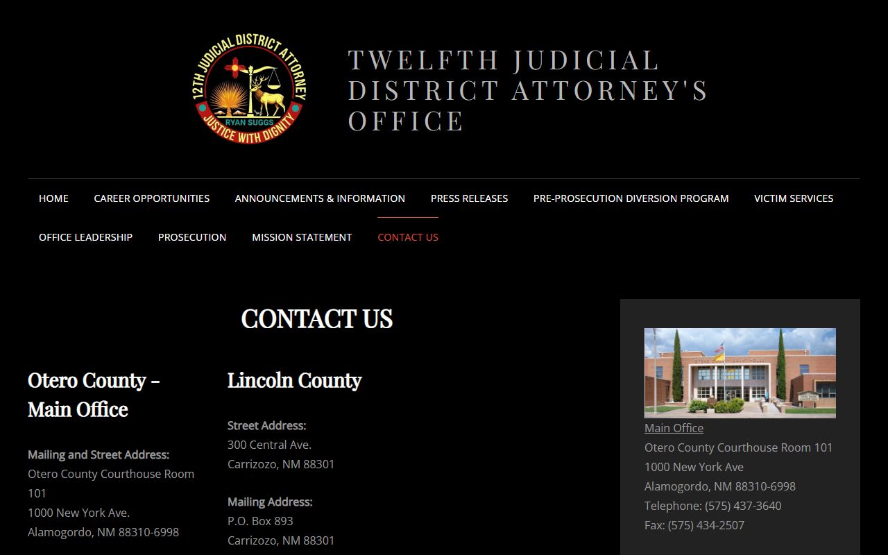Twelfth District Attorney contact page for Otero County court charges after arrest